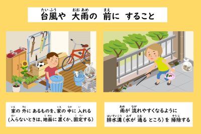 スライド3_【日】台風大雨前にすること_物を中に入れる・排水溝掃除