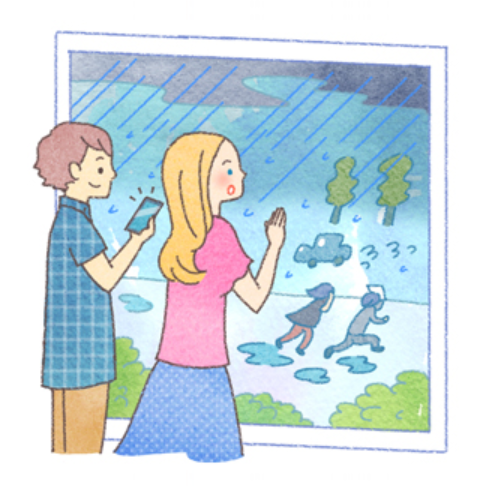 家の中からゲリラ豪雨の様子を見る男女